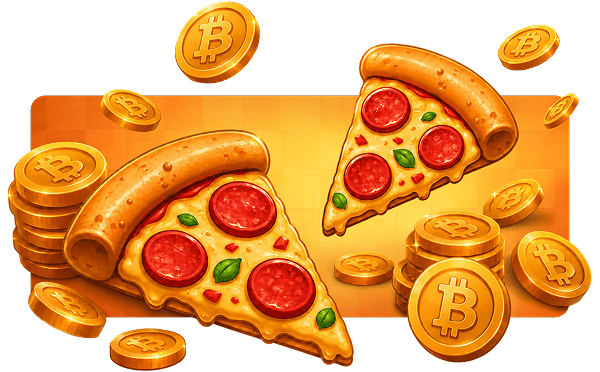 Pizza slices and Bitcoin coins