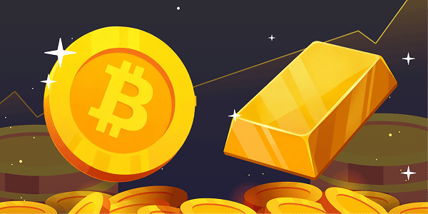 Bitcoin coin and gold bar with coins
