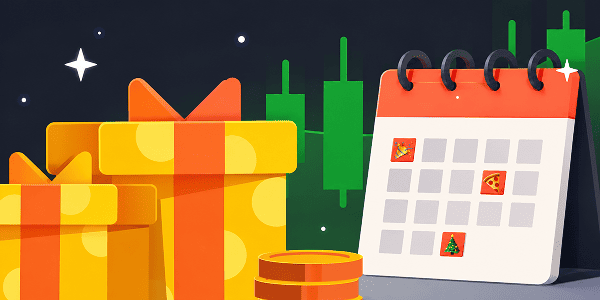 Gift box, calendar, coins, and market candles