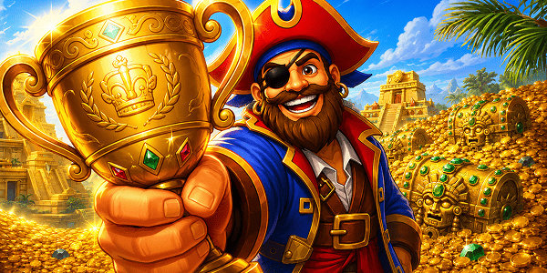 Pirate holding a golden trophy beside treasure