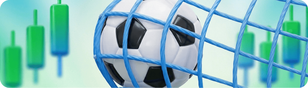Football in a goal net with green crypto chart candles