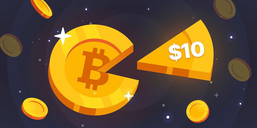 Illustration of a bitcoin coin and a ten dollar slice with floating coins