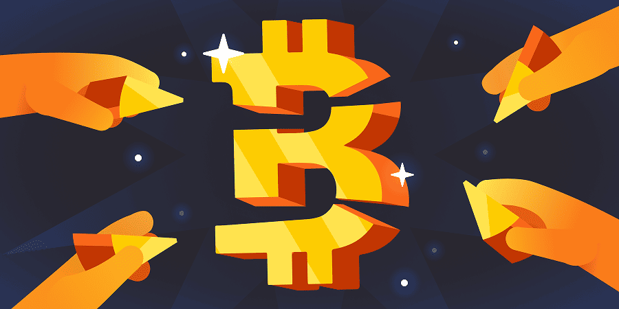Illustration of hands dividing a large bitcoin symbol into smaller pieces