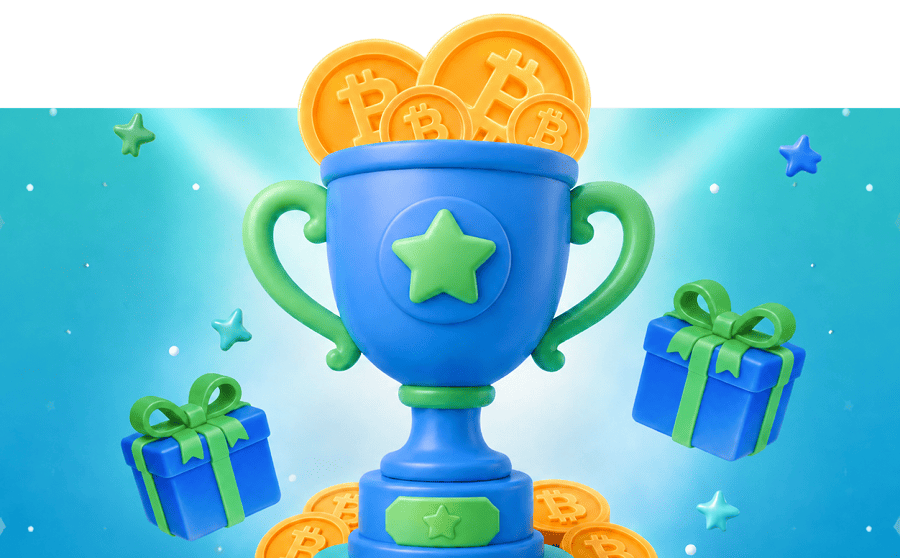 Blue trophy filled with Bitcoin coins, gifts, and stars