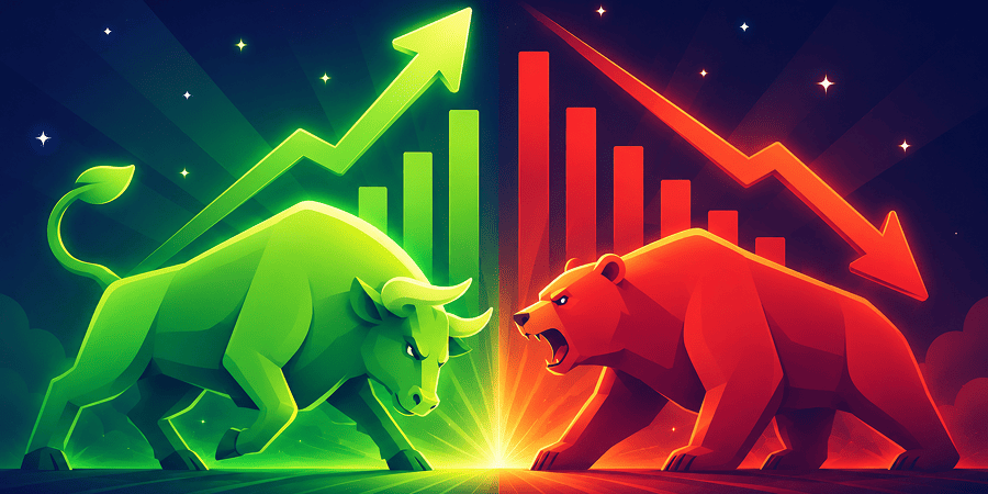 Illustration of green and red market animals with rising and falling crypto charts
