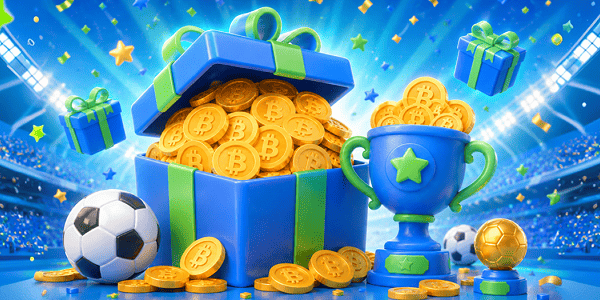 Crypto giveaway prize box with bitcoin coins, trophy, soccer ball, and wrapped gifts