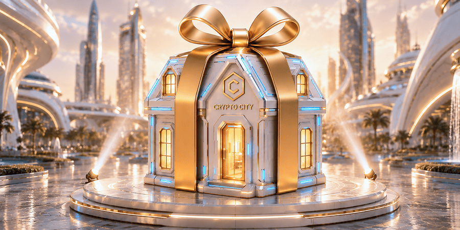 Crypto giveaway prize box with bitcoin coins, trophy, soccer ball, and wrapped gifts