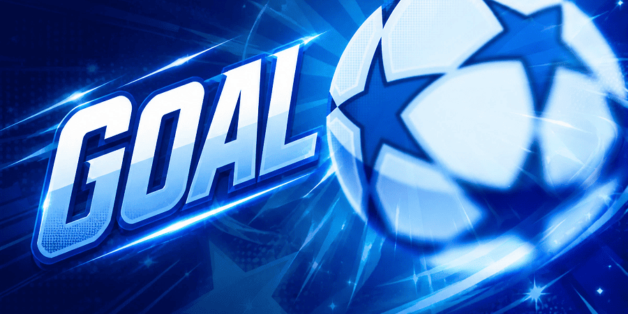A blue football goal graphic with a ball flying across the frame