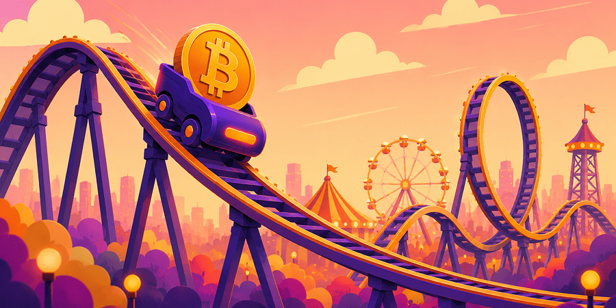A Bitcoin roller coaster rising through a warm orange sky.