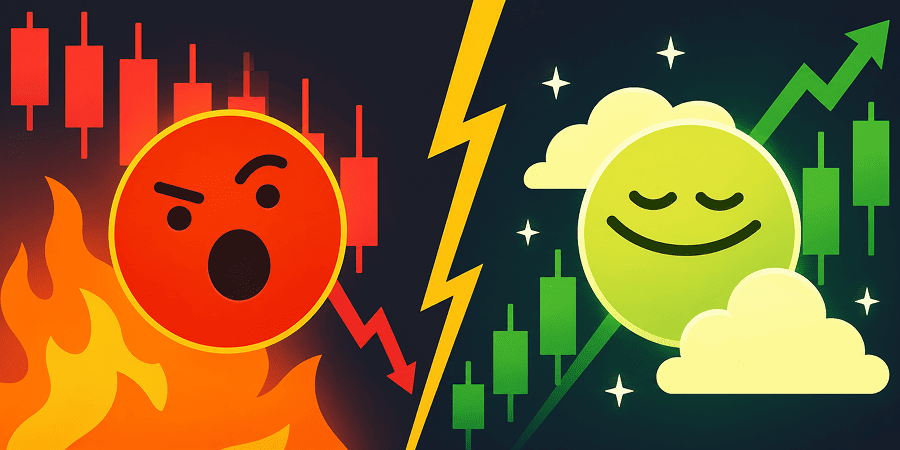 Split illustration showing a stressed red face in a falling market and a calm green face in a rising market.