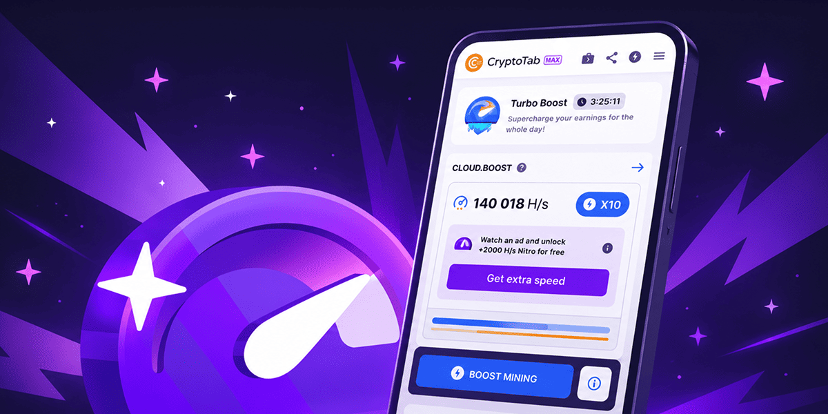 CryptoTab Nitro feature shown on a smartphone with a purple speed-themed background