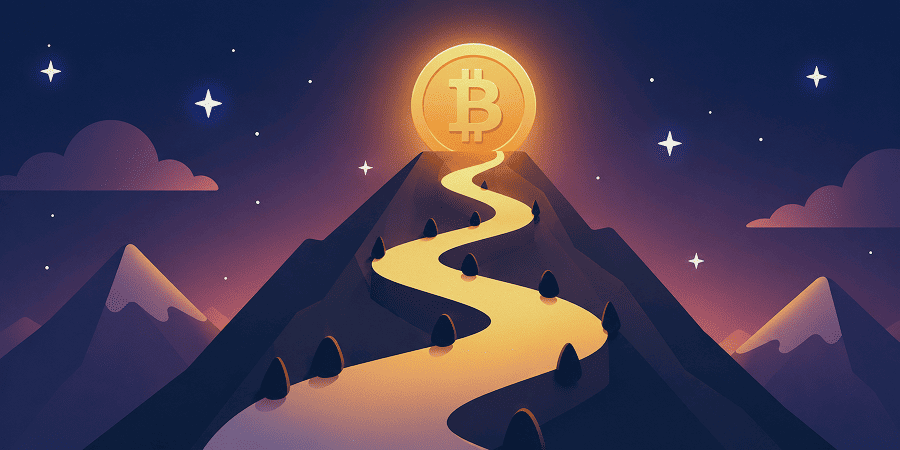 A glowing Bitcoin rises above a mountain road under a night sky