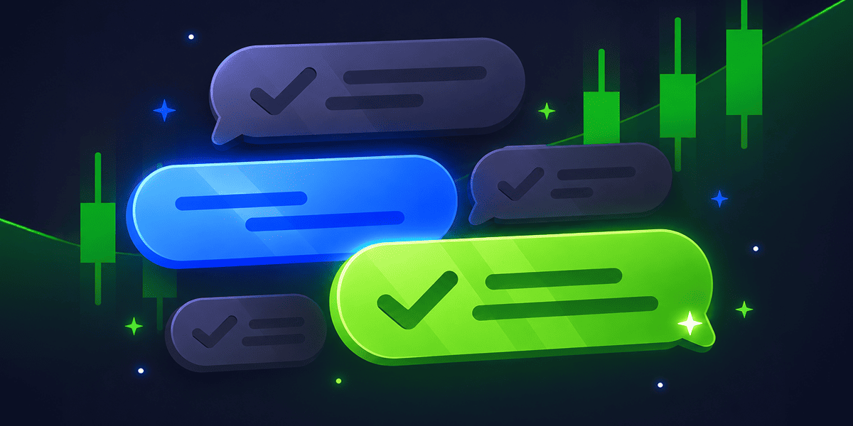 Neon support chat bubbles floating over a glowing market chart