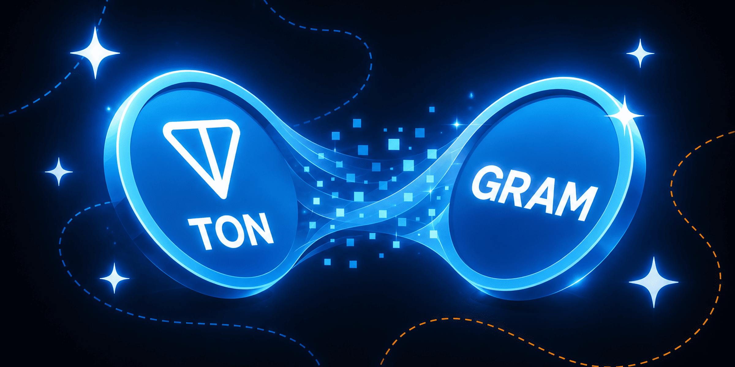 TON and GRAM coins connected by a glowing blue bridge