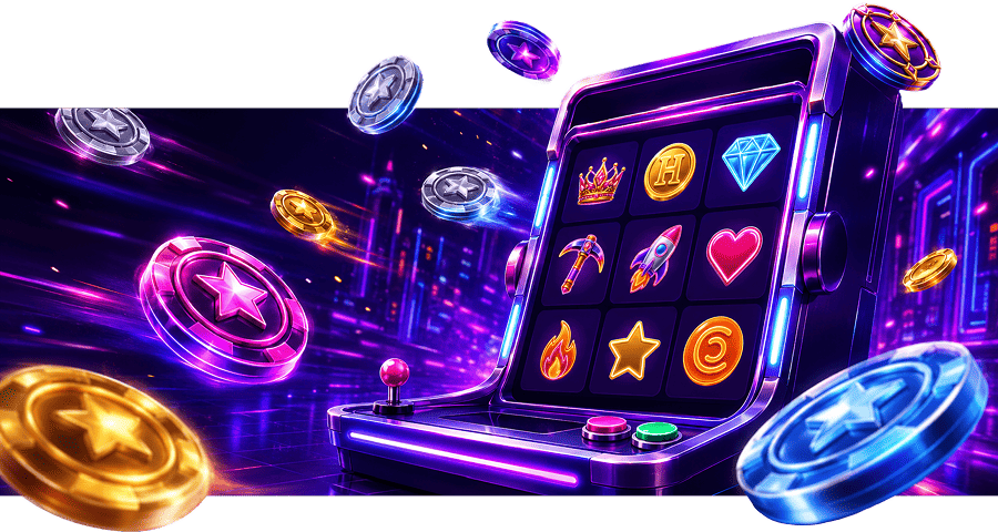A glowing slot machine surrounded by floating neon coins