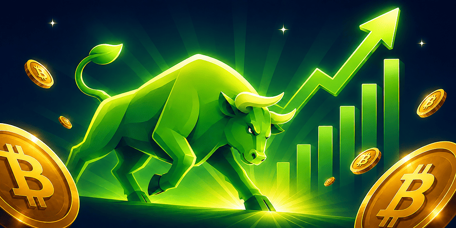 A glowing green bull charging upward through a crypto market chart