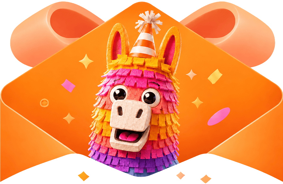 A festive piñata bursting from an orange birthday envelope