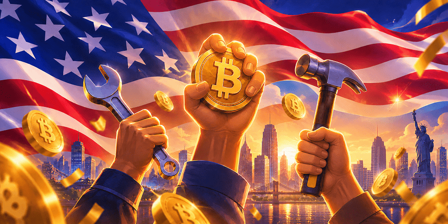 Hands holding crypto mining tools in front of a bright American flag