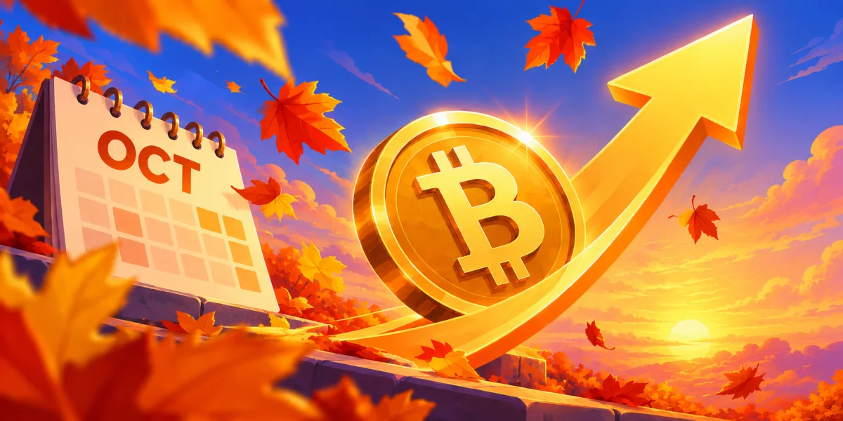Golden Bitcoin coin riding an upward arrow past an October calendar and falling autumn leaves