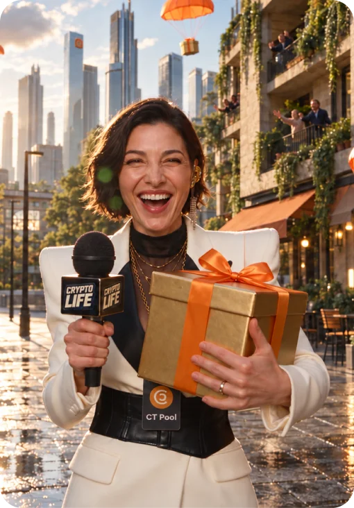 A CryptoLife host holding a microphone and a gift box