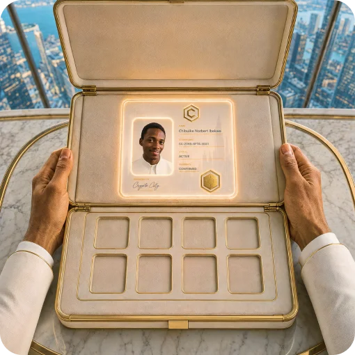 Hands opening a case with a CryptoCity resident card