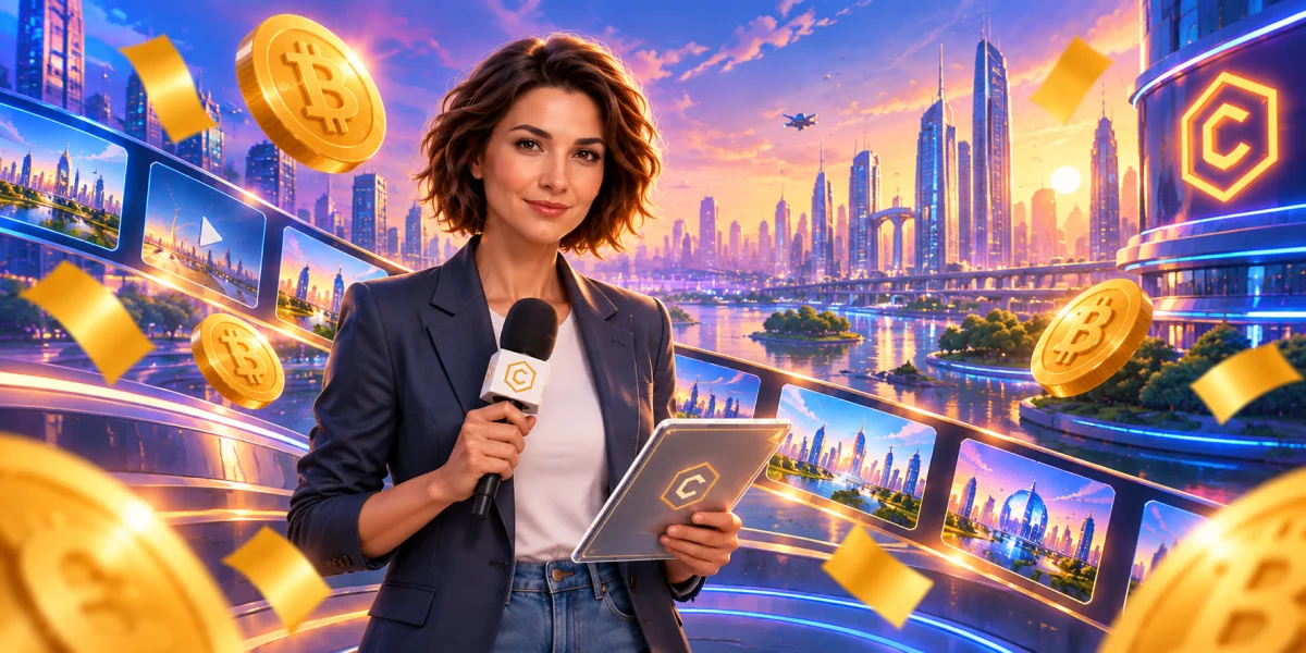 A news presenter with a microphone in front of the CryptoCity skyline