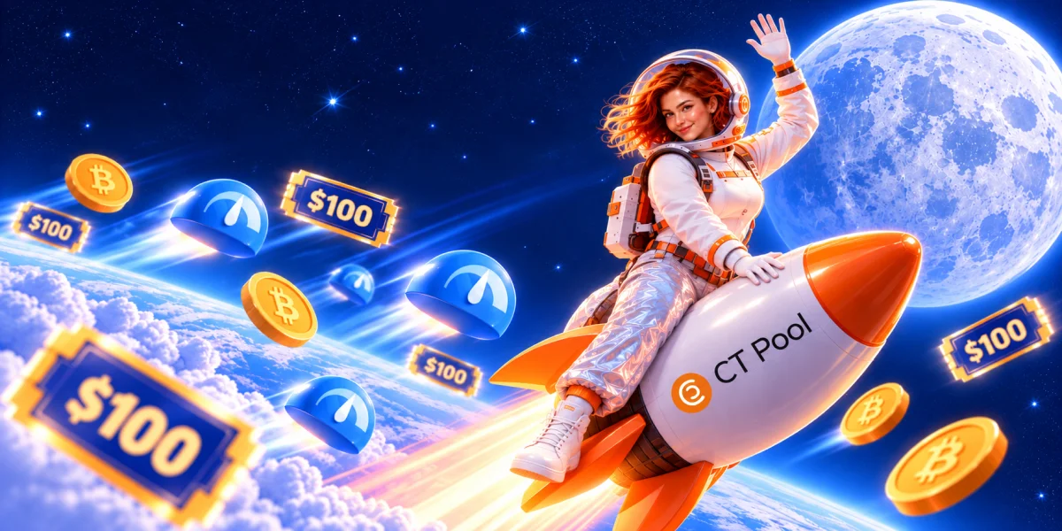 Christine in a spacesuit riding a CT Pool rocket towards the moon