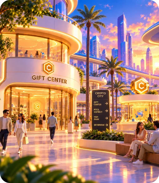 A futuristic CryptoCity shopping district