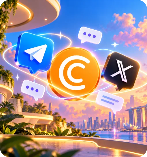 CryptoTab and social channels above a futuristic waterfront