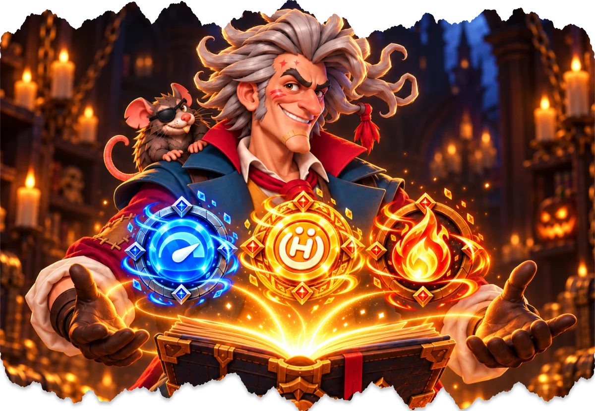 Montgomery Graves with magical rewards and a glowing spellbook
