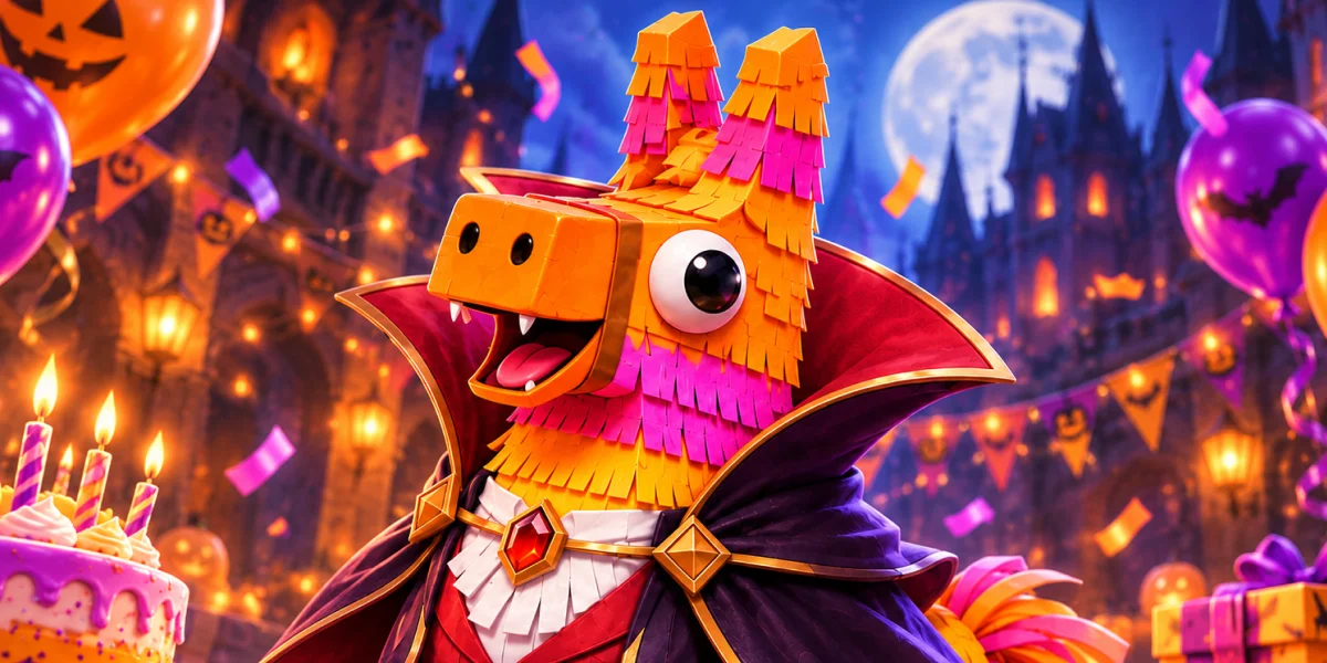 Birthday piñata dressed as a vampire amid Halloween decorations