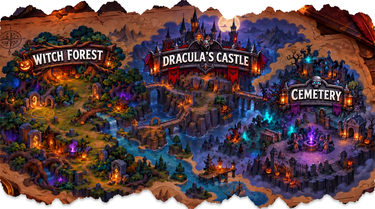 Witch Forest, Dracula’s Castle and Cemetery hunting grounds